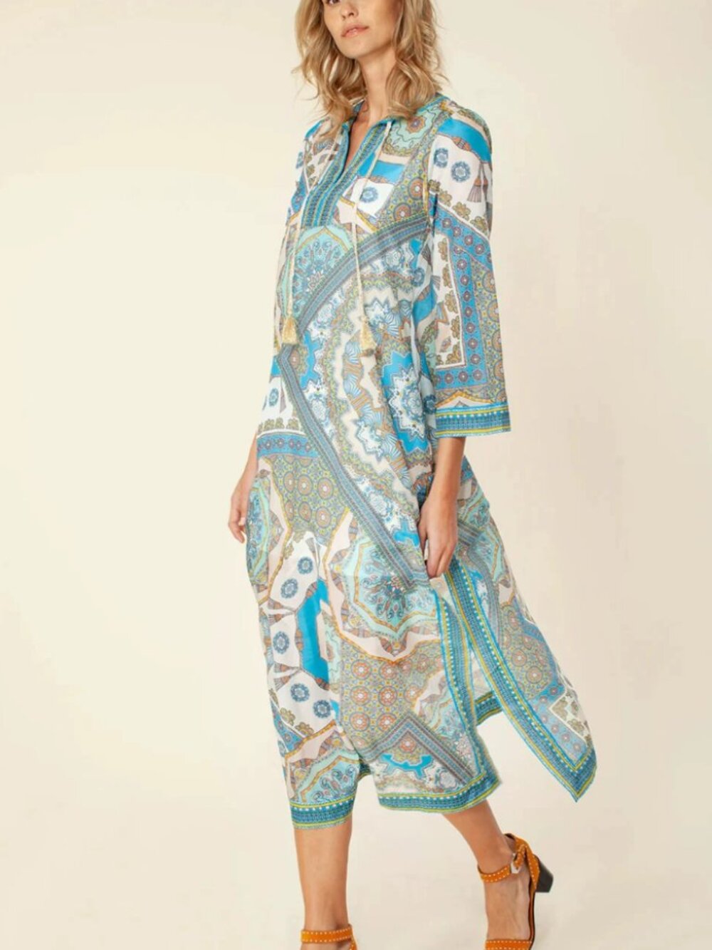 Hale Bob Blue Medallion Print Kaftan Maxi Dress XS